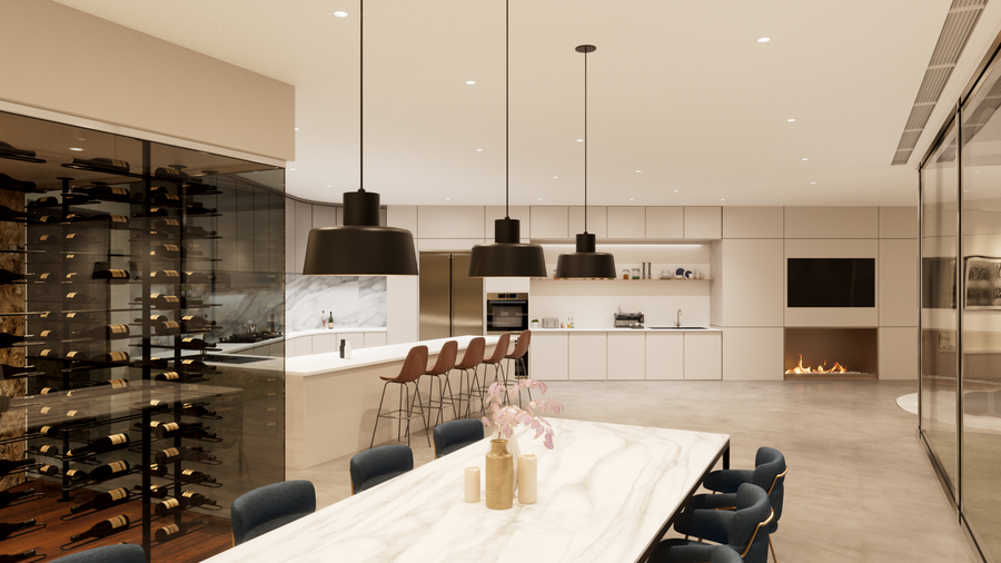 A contemporary kitchen with smooth white cabinets, a marble backsplash and tabletop, and a wine room.