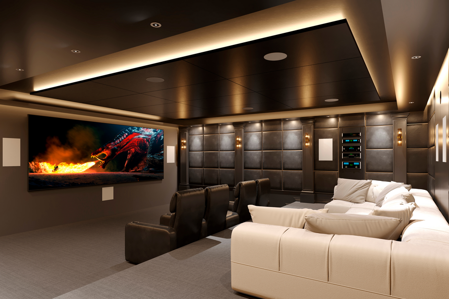 A home theater with intricate custom lighting design.