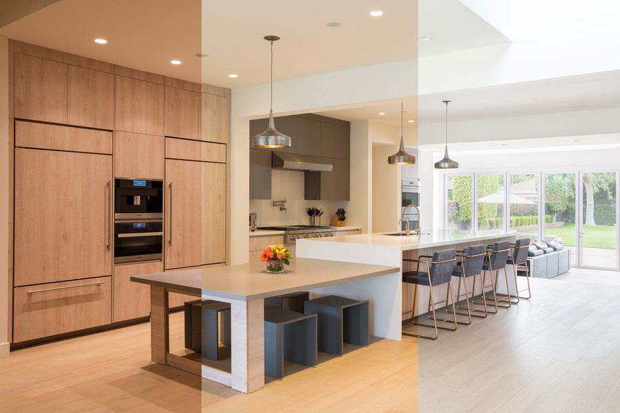A view of a modern kitchen with different circadian lighting from cooler to warmer color temperatures.