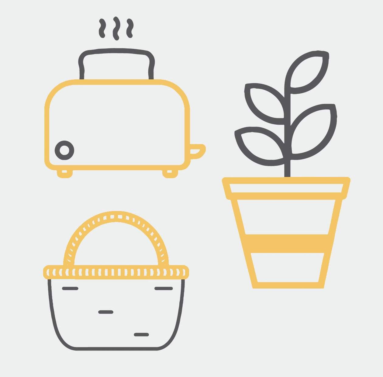 Toaster, basket and plant icons